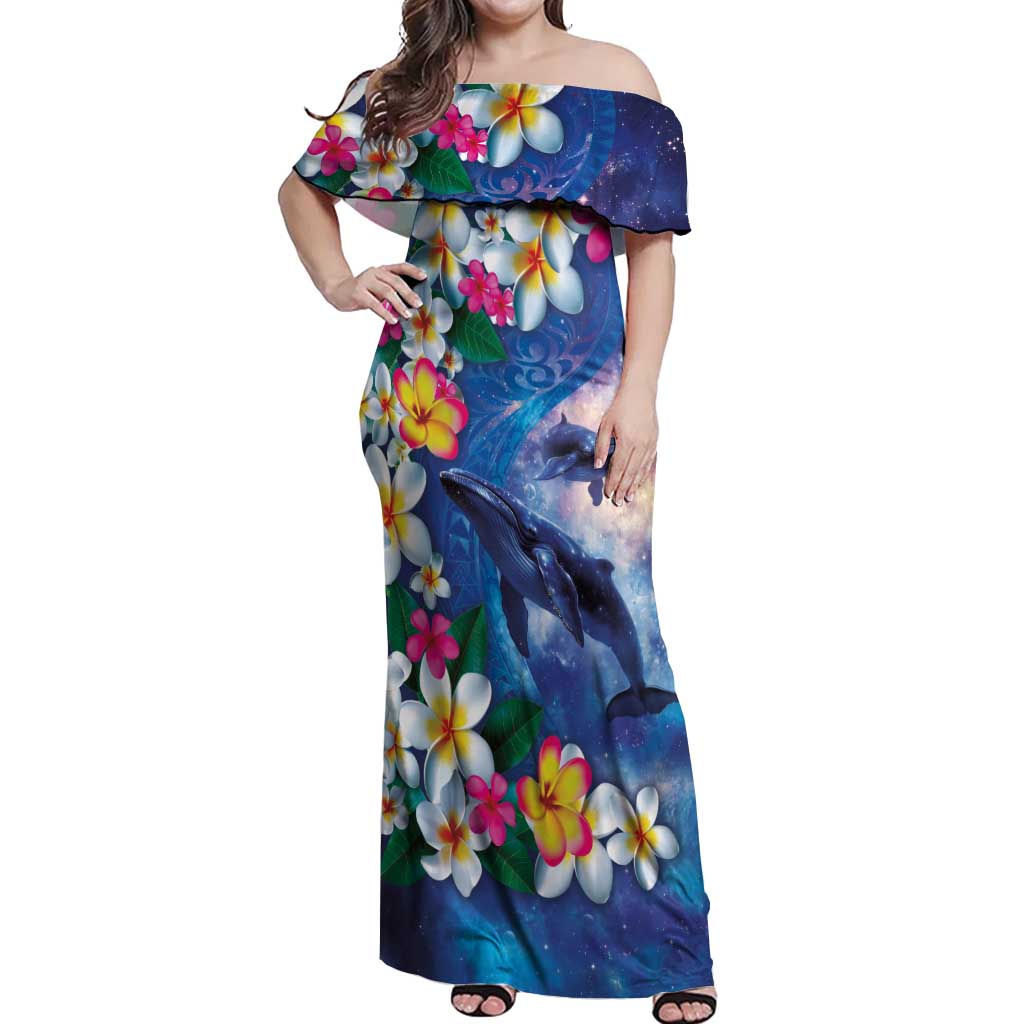 Hawaiian Lei Day Plumeria Humpback Whales Off Shoulder Maxi Dress Polynesian Art Vibrant Starry Nebula Style LT03 Women Art - Polynesian Pride