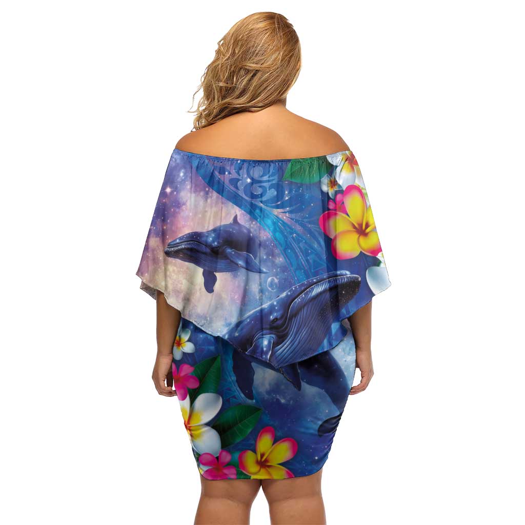 Hawaiian Lei Day Plumeria Humpback Whales Off Shoulder Short Dress Polynesian Art Vibrant Starry Nebula Style LT03 - Polynesian Pride