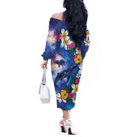 Hawaiian Lei Day Plumeria Humpback Whales Off The Shoulder Long Sleeve Dress Polynesian Art Vibrant Starry Nebula Style LT03 - Polynesian Pride