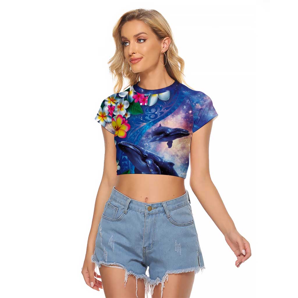 Hawaiian Lei Day Plumeria Humpback Whales Raglan Cropped T Shirt Polynesian Art Vibrant Starry Nebula Style LT03 Female Art - Polynesian Pride