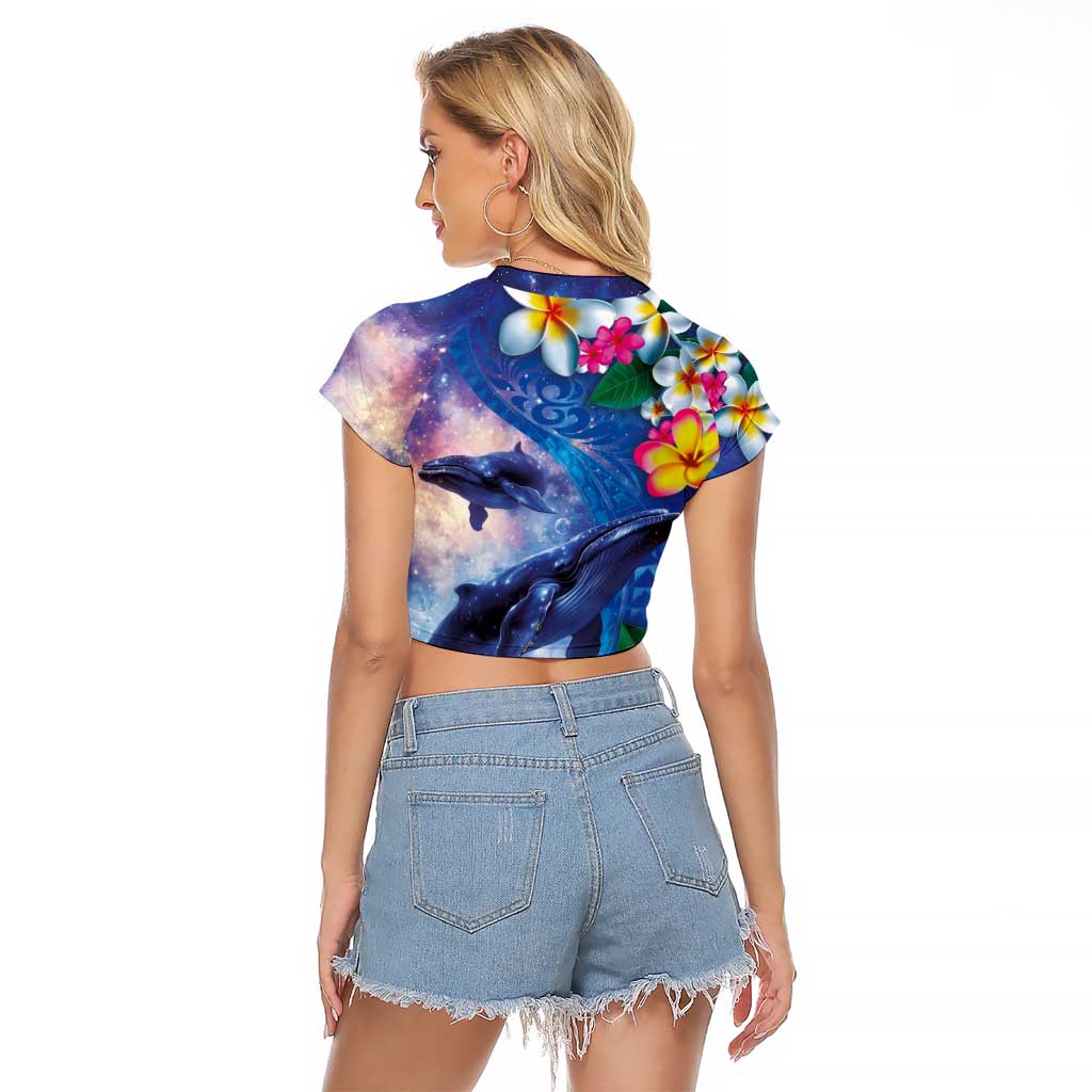 Hawaiian Lei Day Plumeria Humpback Whales Raglan Cropped T Shirt Polynesian Art Vibrant Starry Nebula Style LT03 - Polynesian Pride