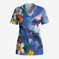 Hawaiian Lei Day Plumeria Humpback Whales Scrub Top Polynesian Art Vibrant Starry Nebula Style LT03 Adult Art - Polynesian Pride
