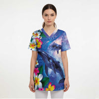 Hawaiian Lei Day Plumeria Humpback Whales Scrub Top Polynesian Art Vibrant Starry Nebula Style LT03 - Polynesian Pride