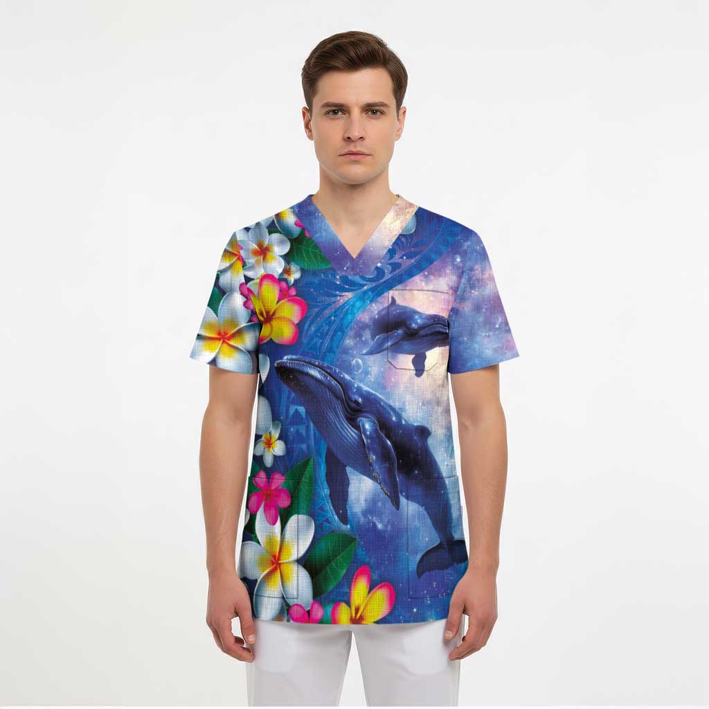 Hawaiian Lei Day Plumeria Humpback Whales Scrub Top Polynesian Art Vibrant Starry Nebula Style LT03 - Polynesian Pride