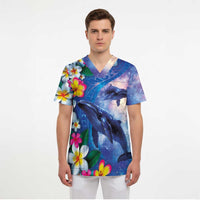 Hawaiian Lei Day Plumeria Humpback Whales Scrub Top Polynesian Art Vibrant Starry Nebula Style LT03 - Polynesian Pride