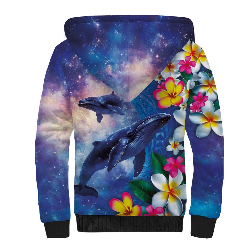 Hawaiian Lei Day Plumeria Humpback Whales Sherpa Hoodie Polynesian Art Vibrant Starry Nebula Style LT03 - Polynesian Pride