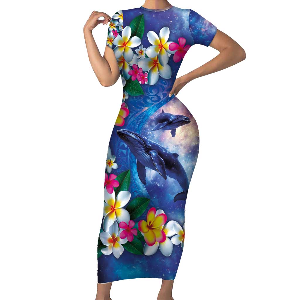 Hawaiian Lei Day Plumeria Humpback Whales Short Sleeve Bodycon Dress Polynesian Art Vibrant Starry Nebula Style LT03 Long Dress Art - Polynesian Pride