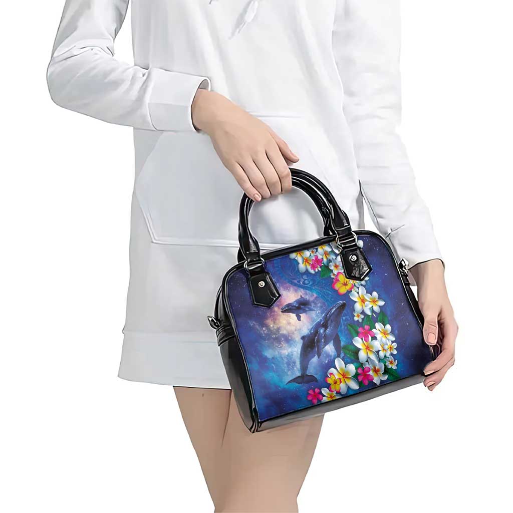 Hawaiian Lei Day Plumeria Humpback Whales Shoulder Handbag Polynesian Art Vibrant Starry Nebula Style