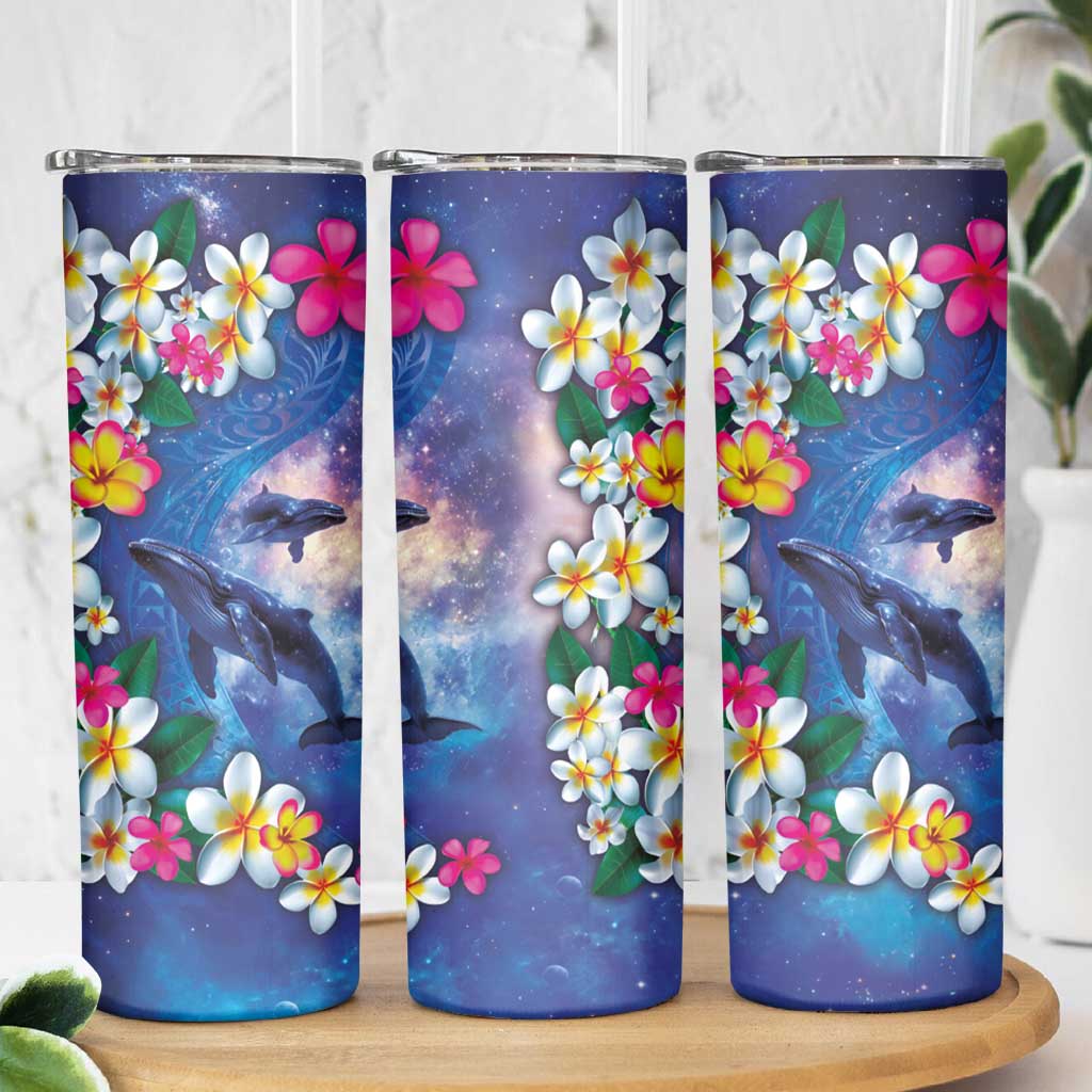 Hawaiian Lei Day Plumeria Humpback Whales Skinny Tumbler Polynesian Art Vibrant Starry Nebula Style LT03 - Polynesian Pride
