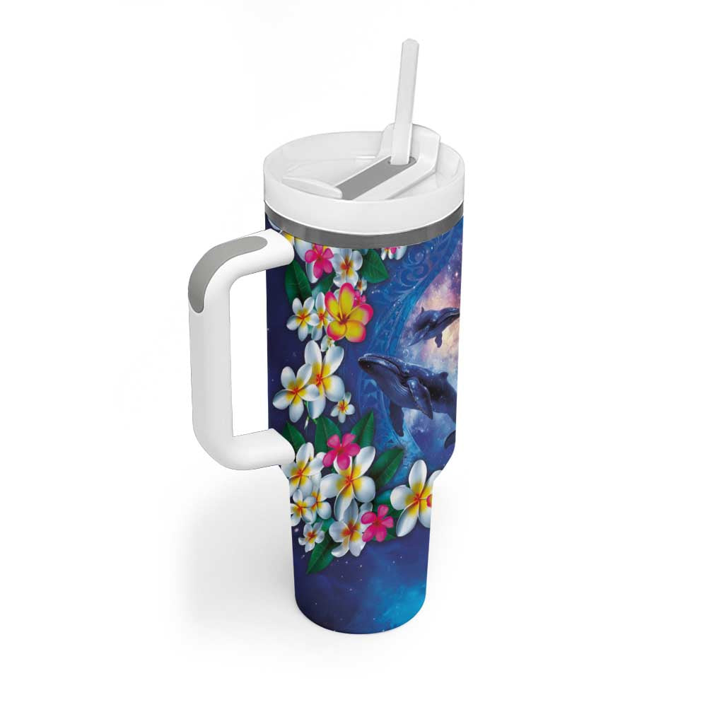 Hawaiian Lei Day Plumeria Humpback Whales Tumbler With Handle Polynesian Art Vibrant Starry Nebula Style LT03 - Polynesian Pride