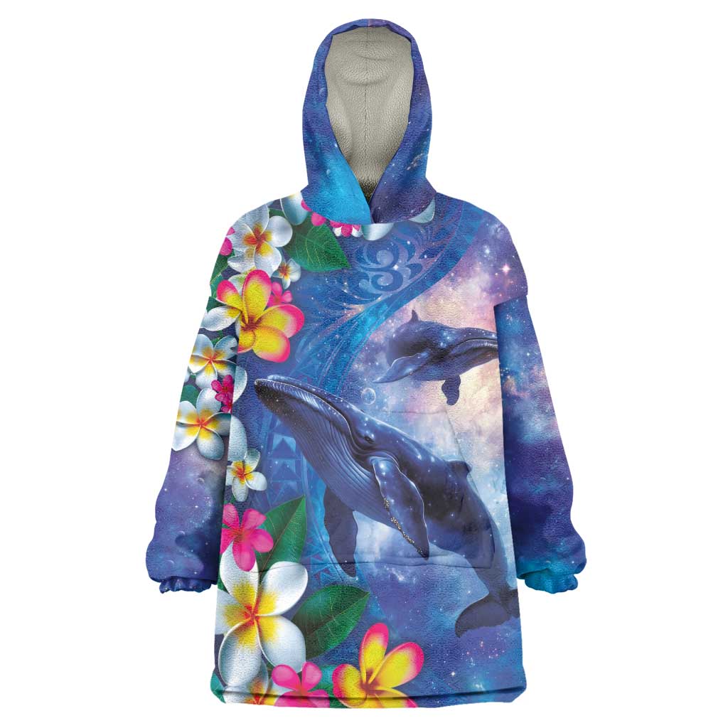 Hawaiian Lei Day Plumeria Humpback Whales Wearable Blanket Hoodie Polynesian Art Vibrant Starry Nebula Style LT03 One Size Art - Polynesian Pride