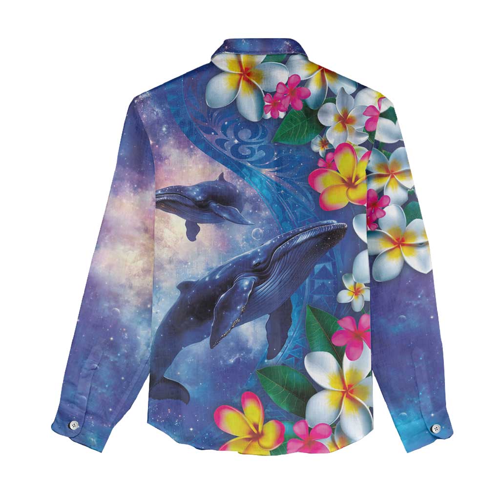 Hawaiian Lei Day Plumeria Humpback Whales Women Casual Shirt Polynesian Art Vibrant Starry Nebula Style LT03 - Polynesian Pride