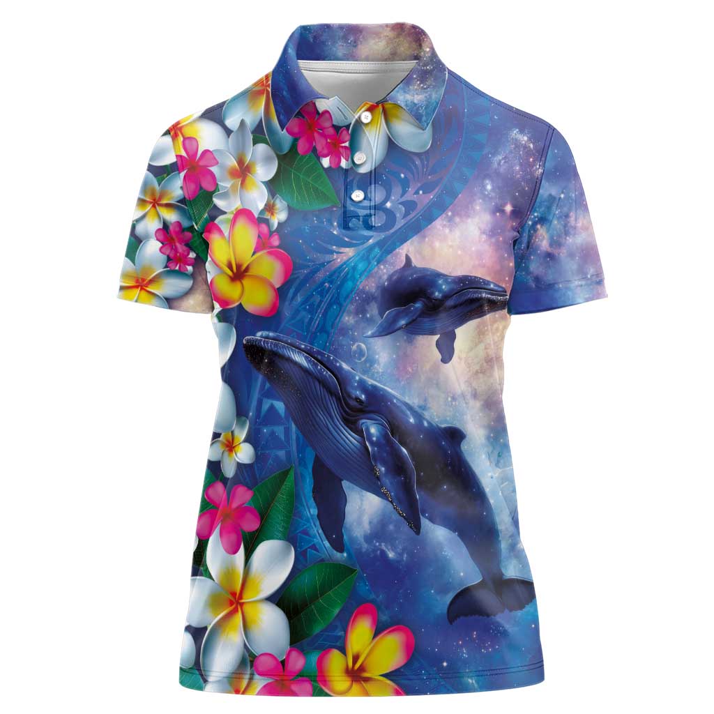 Hawaiian Lei Day Plumeria Humpback Whales Women Polo Shirt Polynesian Art Vibrant Starry Nebula Style LT03 Female Art - Polynesian Pride