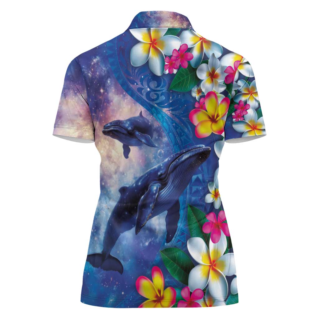 Hawaiian Lei Day Plumeria Humpback Whales Women Polo Shirt Polynesian Art Vibrant Starry Nebula Style LT03 - Polynesian Pride