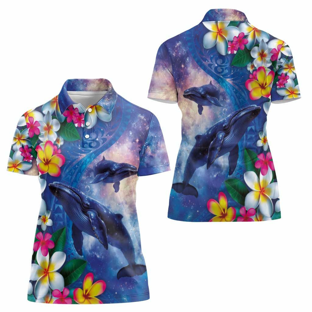Hawaiian Lei Day Plumeria Humpback Whales Women Polo Shirt Polynesian Art Vibrant Starry Nebula Style LT03 - Polynesian Pride