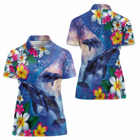 Hawaiian Lei Day Plumeria Humpback Whales Women Polo Shirt Polynesian Art Vibrant Starry Nebula Style LT03 - Polynesian Pride