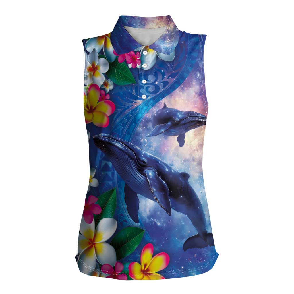 Hawaiian Lei Day Plumeria Humpback Whales Women Sleeveless Polo Shirt Polynesian Art Vibrant Starry Nebula Style LT03 Female Art - Polynesian Pride