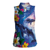 Hawaiian Lei Day Plumeria Humpback Whales Women Sleeveless Polo Shirt Polynesian Art Vibrant Starry Nebula Style LT03 Female Art - Polynesian Pride