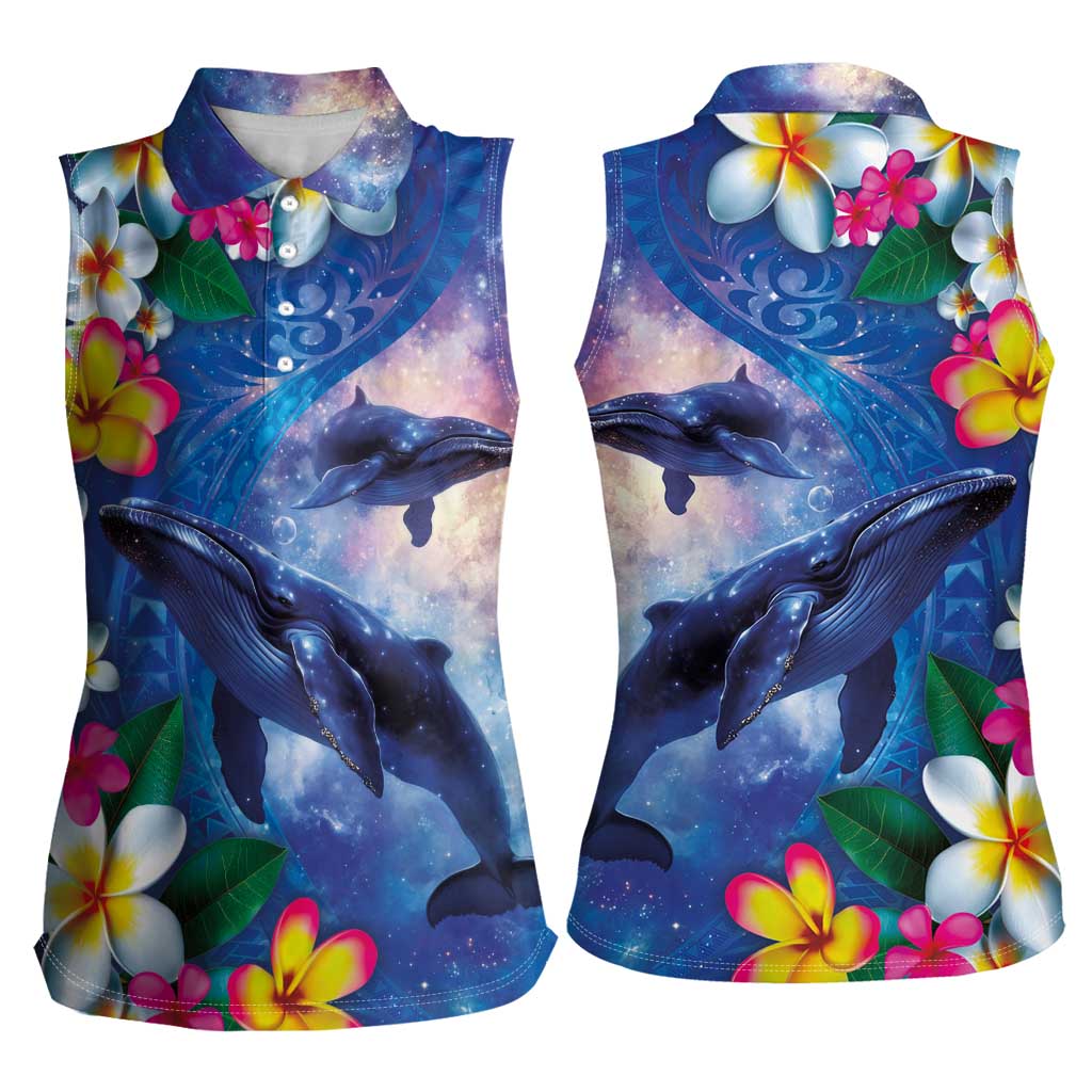 Hawaiian Lei Day Plumeria Humpback Whales Women Sleeveless Polo Shirt Polynesian Art Vibrant Starry Nebula Style LT03 - Polynesian Pride