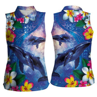 Hawaiian Lei Day Plumeria Humpback Whales Women Sleeveless Polo Shirt Polynesian Art Vibrant Starry Nebula Style LT03 - Polynesian Pride