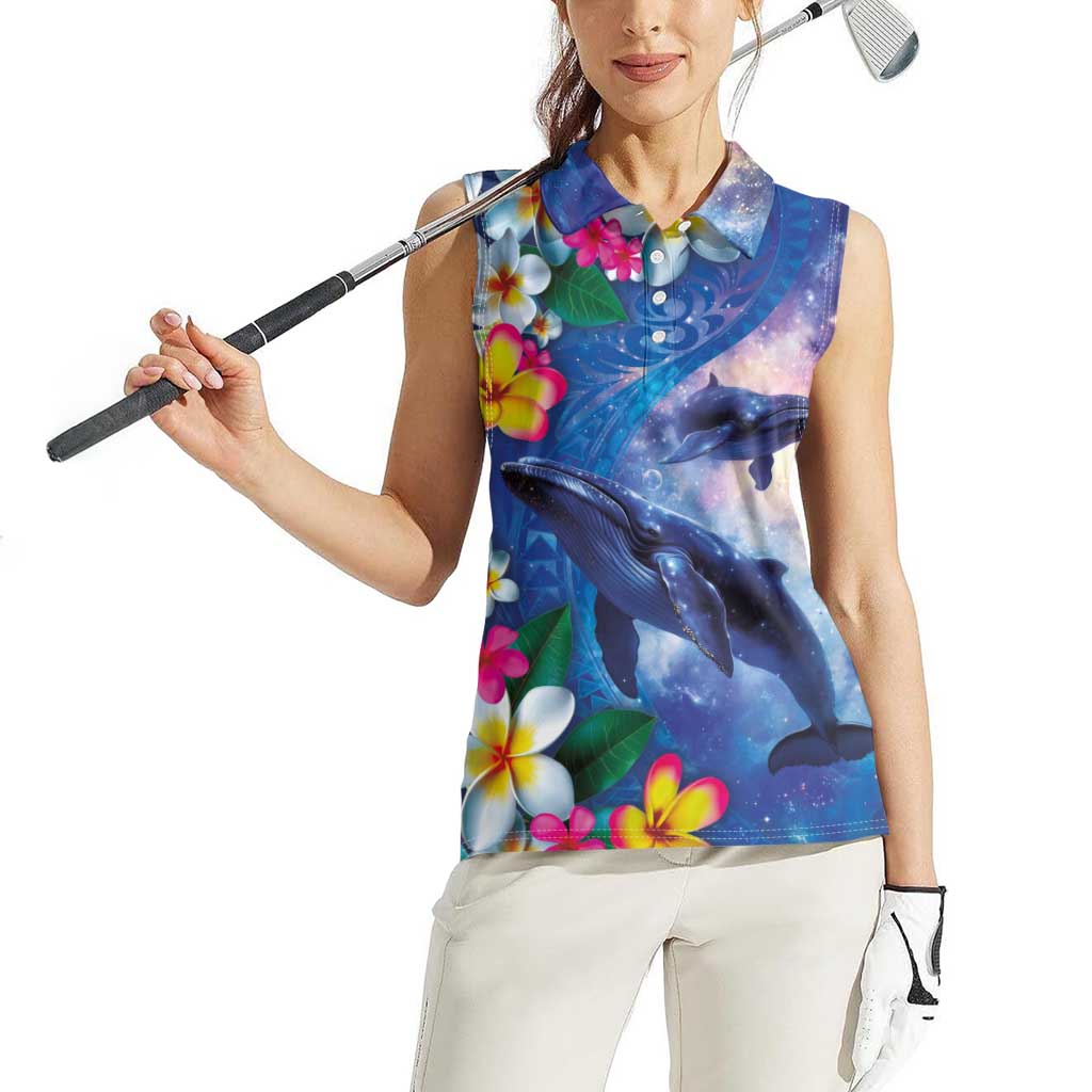 Hawaiian Lei Day Plumeria Humpback Whales Women Sleeveless Polo Shirt Polynesian Art Vibrant Starry Nebula Style LT03 - Polynesian Pride