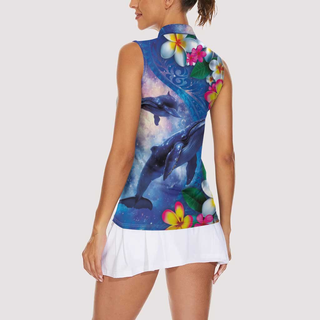 Hawaiian Lei Day Plumeria Humpback Whales Women Sleeveless Polo Shirt Polynesian Art Vibrant Starry Nebula Style LT03 - Polynesian Pride
