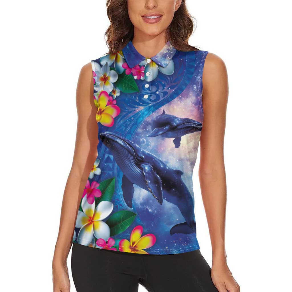 Hawaiian Lei Day Plumeria Humpback Whales Women Sleeveless Polo Shirt Polynesian Art Vibrant Starry Nebula Style LT03 - Polynesian Pride