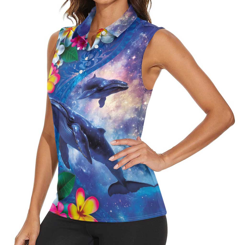 Hawaiian Lei Day Plumeria Humpback Whales Women Sleeveless Polo Shirt Polynesian Art Vibrant Starry Nebula Style LT03 - Polynesian Pride