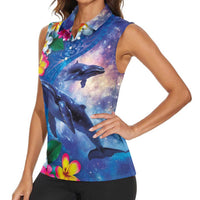 Hawaiian Lei Day Plumeria Humpback Whales Women Sleeveless Polo Shirt Polynesian Art Vibrant Starry Nebula Style LT03 - Polynesian Pride