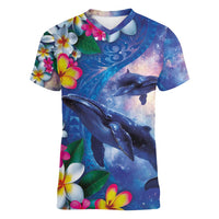Hawaiian Lei Day Plumeria Humpback Whales Women V-Neck T-Shirt Polynesian Art Vibrant Starry Nebula Style LT03 Female Art - Polynesian Pride