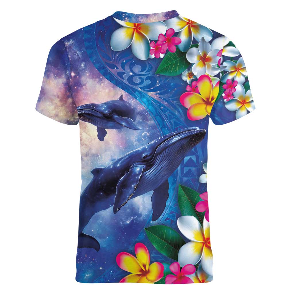 Hawaiian Lei Day Plumeria Humpback Whales Women V-Neck T-Shirt Polynesian Art Vibrant Starry Nebula Style LT03 - Polynesian Pride