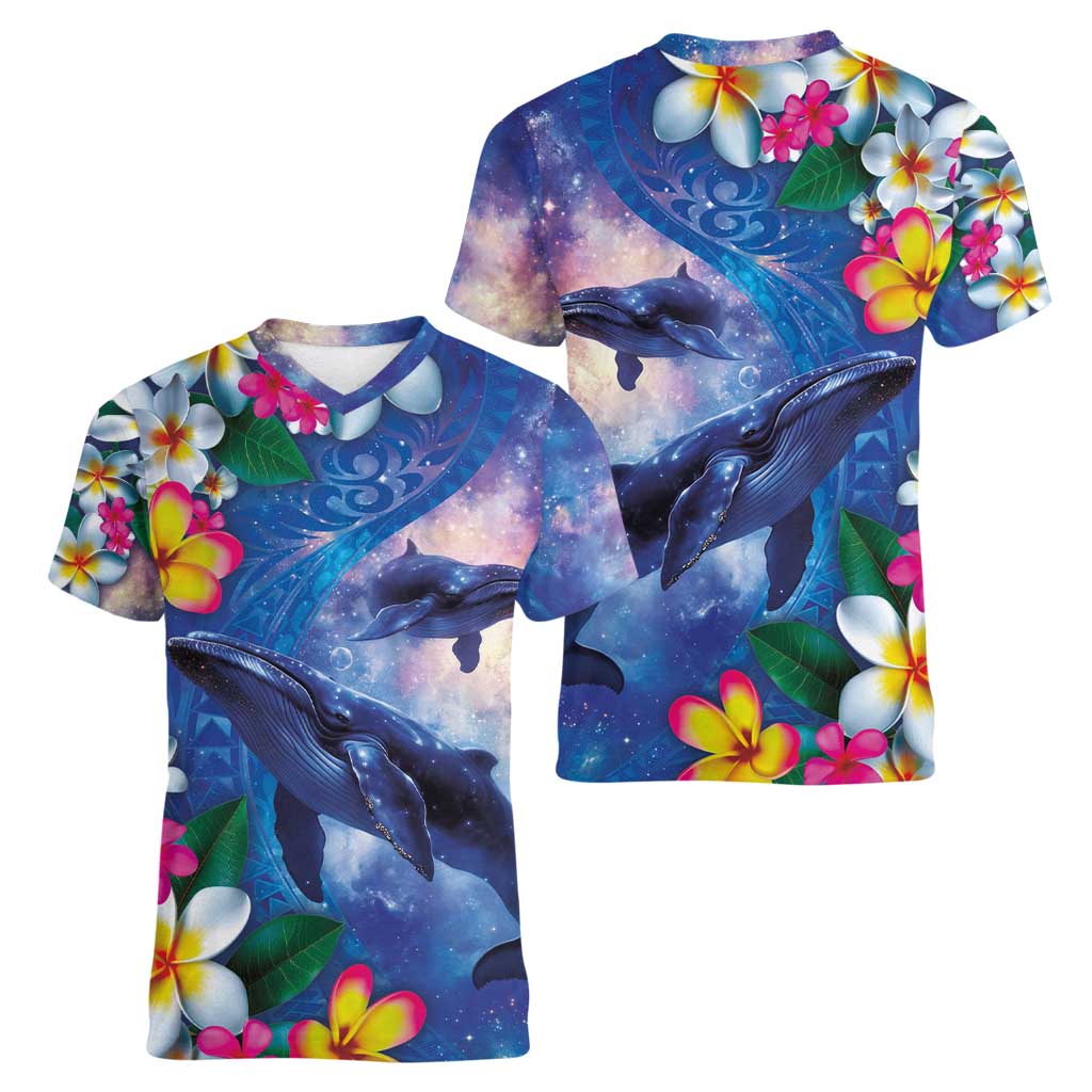 Hawaiian Lei Day Plumeria Humpback Whales Women V-Neck T-Shirt Polynesian Art Vibrant Starry Nebula Style LT03 - Polynesian Pride
