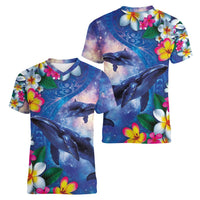 Hawaiian Lei Day Plumeria Humpback Whales Women V-Neck T-Shirt Polynesian Art Vibrant Starry Nebula Style LT03 - Polynesian Pride