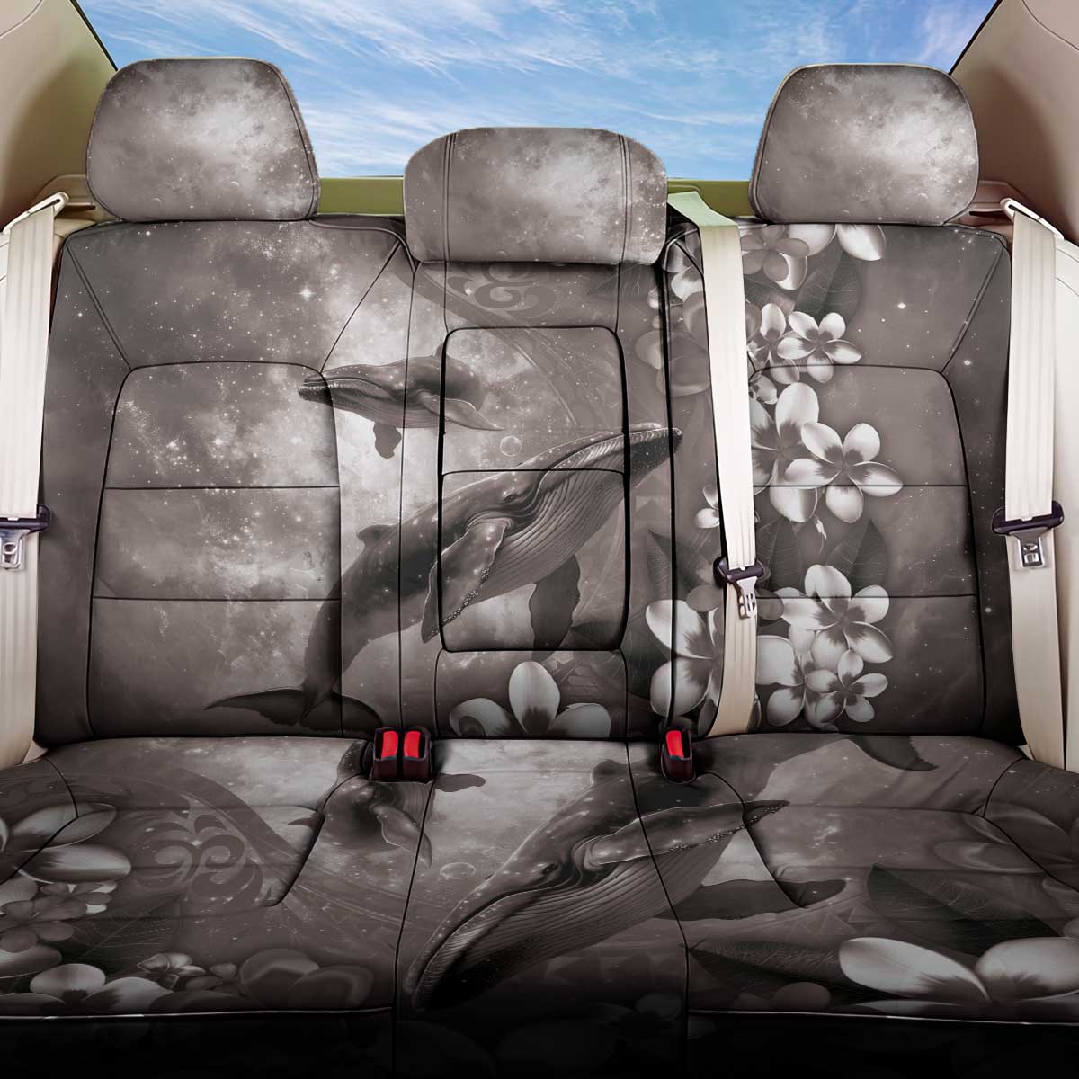 Hawaiian Lei Day Plumeria Humpback Whales Back Car Seat Cover Polynesian Art Vibrant Starry Nebula Grayscale Style LT03 One Size Art - Polynesian Pride