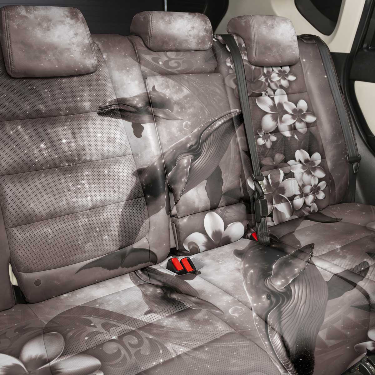 Hawaiian Lei Day Plumeria Humpback Whales Back Car Seat Cover Polynesian Art Vibrant Starry Nebula Grayscale Style LT03 - Polynesian Pride