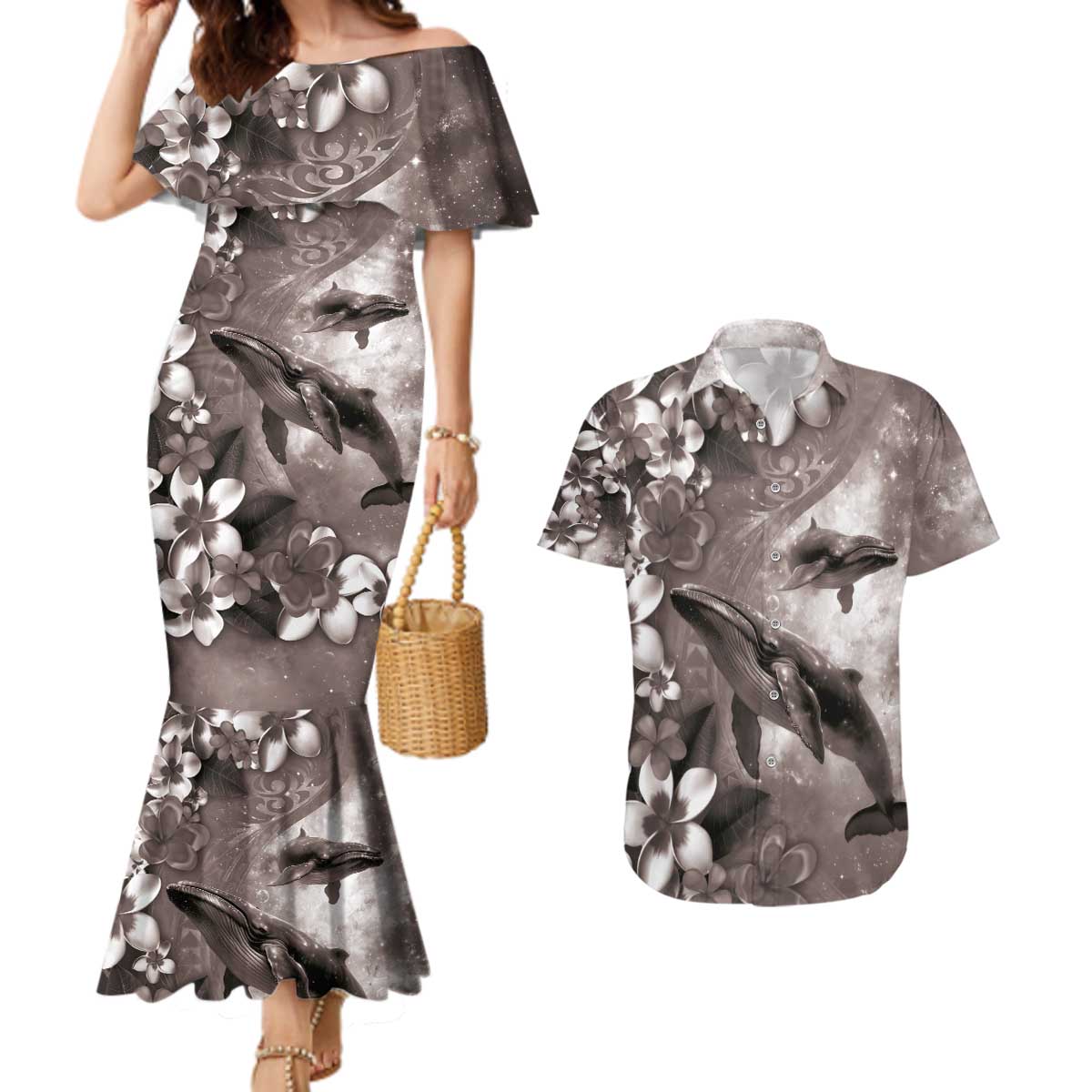 Hawaiian Lei Day Plumeria Humpback Whales Couples Matching Mermaid Dress and Hawaiian Shirt Polynesian Art Vibrant Starry Nebula Grayscale Style