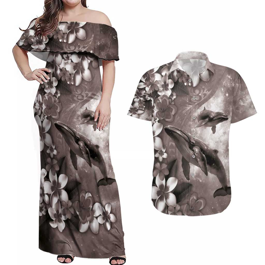 Hawaiian Lei Day Plumeria Humpback Whales Couples Matching Off Shoulder Maxi Dress and Hawaiian Shirt Polynesian Art Vibrant Starry Nebula Grayscale Style LT03 Art - Polynesian Pride