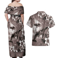 Hawaiian Lei Day Plumeria Humpback Whales Couples Matching Off Shoulder Maxi Dress and Hawaiian Shirt Polynesian Art Vibrant Starry Nebula Grayscale Style LT03 - Polynesian Pride