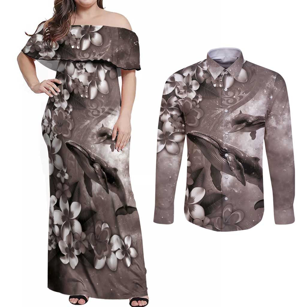 Hawaiian Lei Day Plumeria Humpback Whales Couples Matching Off Shoulder Maxi Dress and Long Sleeve Button Shirt Polynesian Art Vibrant Starry Nebula Grayscale Style LT03 Art - Polynesian Pride
