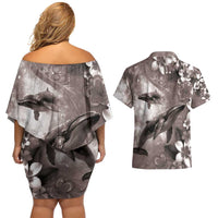 Hawaiian Lei Day Plumeria Humpback Whales Couples Matching Off Shoulder Short Dress and Hawaiian Shirt Polynesian Art Vibrant Starry Nebula Grayscale Style LT03 - Polynesian Pride