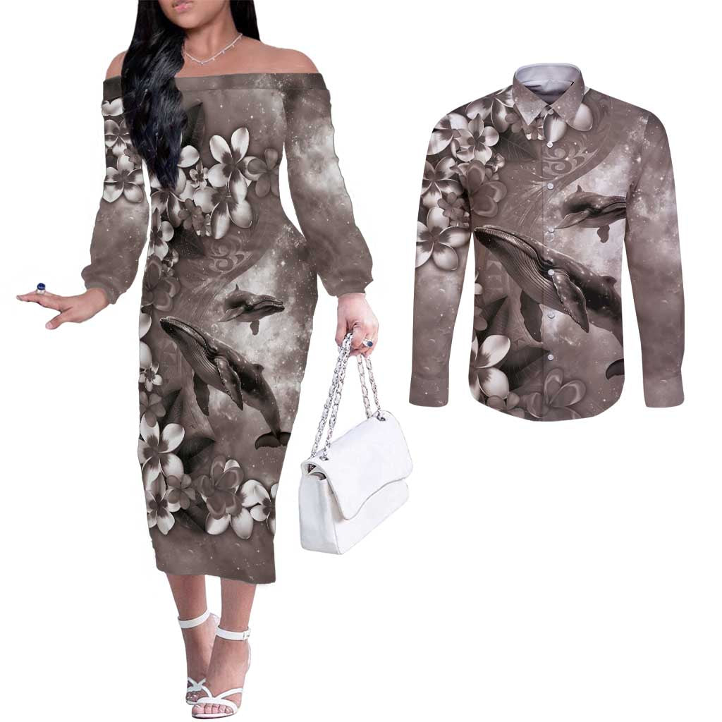 Hawaiian Lei Day Plumeria Humpback Whales Couples Matching Off The Shoulder Long Sleeve Dress and Long Sleeve Button Shirt Polynesian Art Vibrant Starry Nebula Grayscale Style