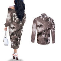 Hawaiian Lei Day Plumeria Humpback Whales Couples Matching Off The Shoulder Long Sleeve Dress and Long Sleeve Button Shirt Polynesian Art Vibrant Starry Nebula Grayscale Style LT03 - Polynesian Pride
