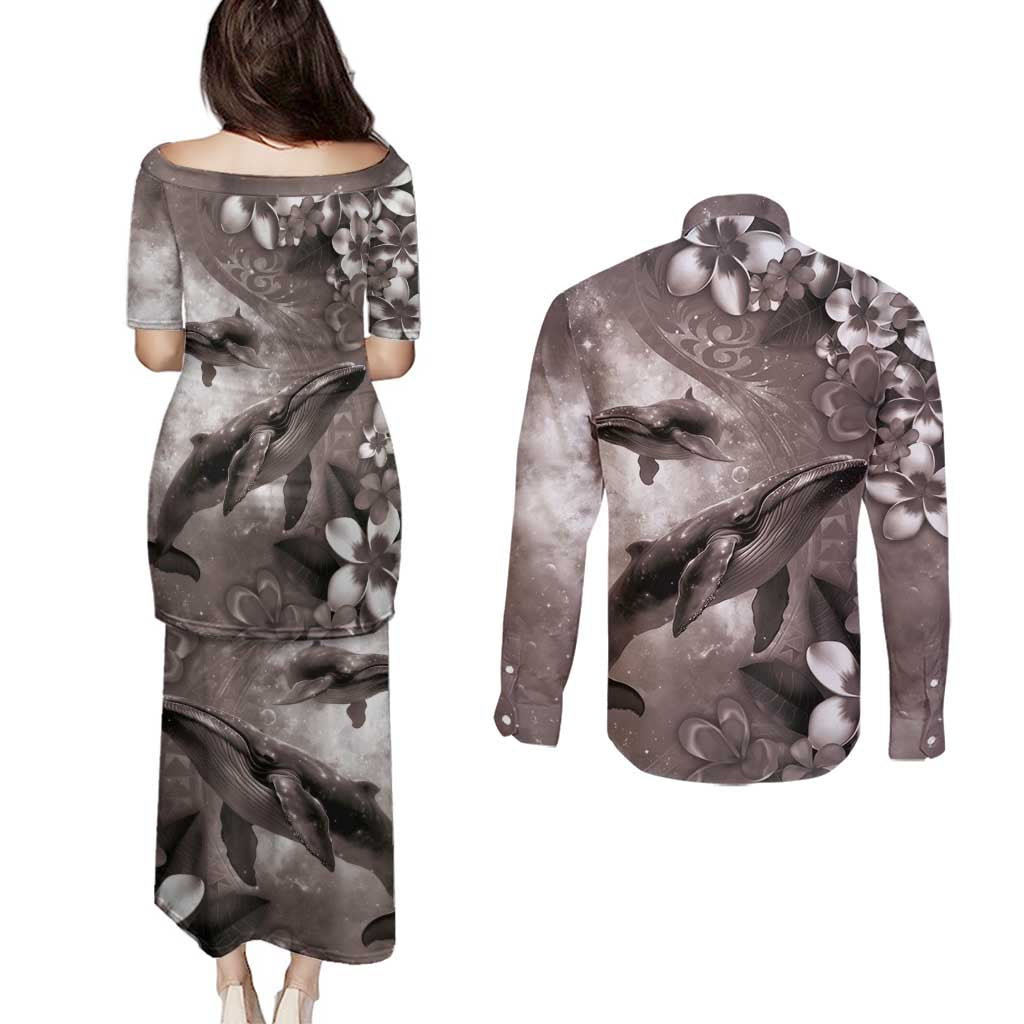 Hawaiian Lei Day Plumeria Humpback Whales Couples Matching Puletasi and Long Sleeve Button Shirt Polynesian Art Vibrant Starry Nebula Grayscale Style LT03 - Polynesian Pride