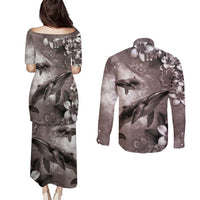 Hawaiian Lei Day Plumeria Humpback Whales Couples Matching Puletasi and Long Sleeve Button Shirt Polynesian Art Vibrant Starry Nebula Grayscale Style LT03 - Polynesian Pride
