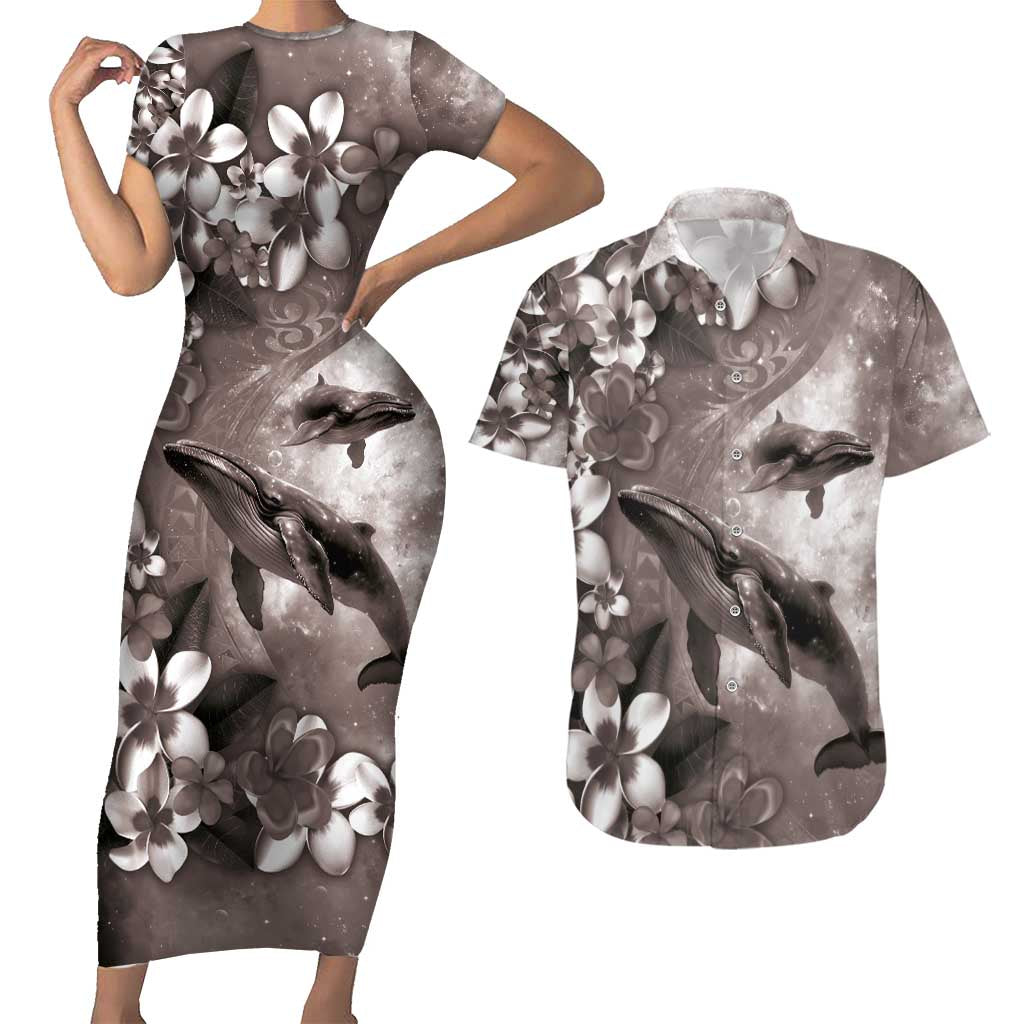 Hawaiian Lei Day Plumeria Humpback Whales Couples Matching Short Sleeve Bodycon Dress and Hawaiian Shirt Polynesian Art Vibrant Starry Nebula Grayscale Style LT03 Art - Polynesian Pride