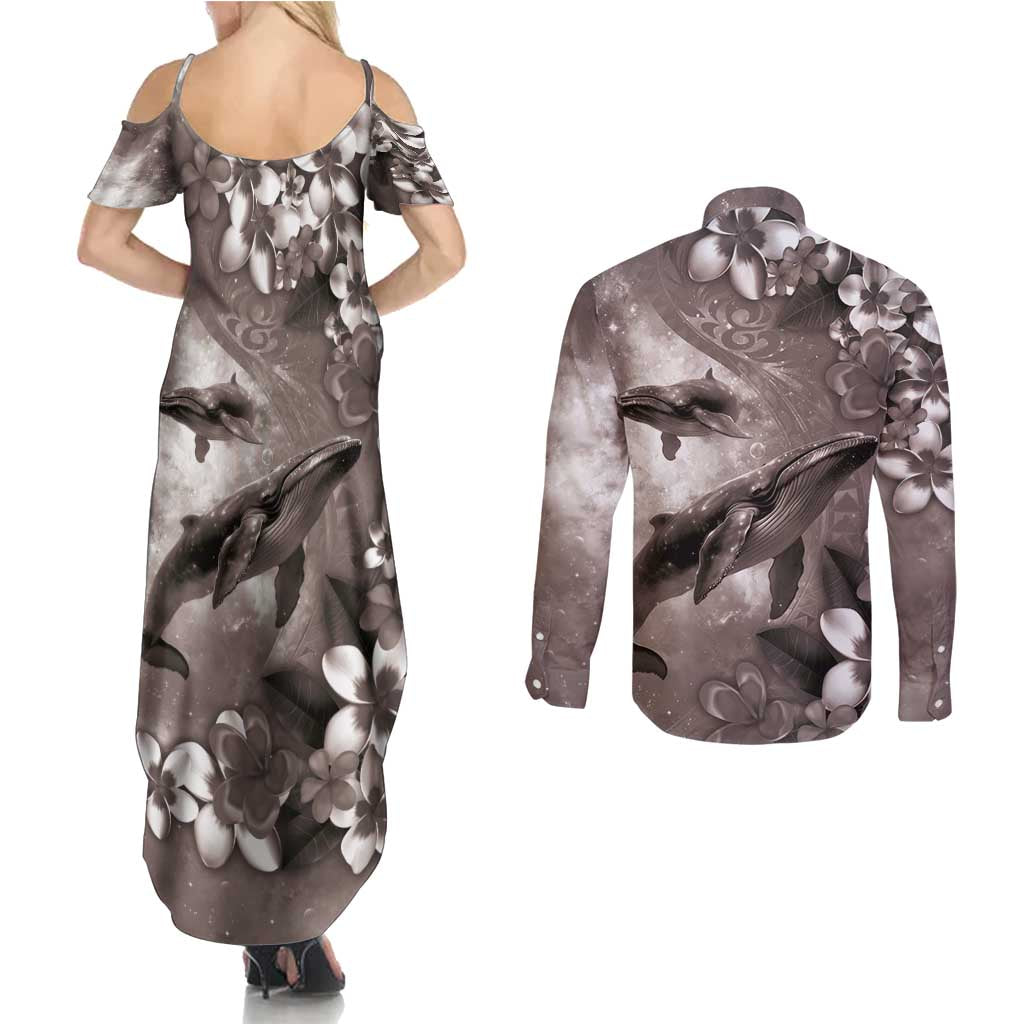 Hawaiian Lei Day Plumeria Humpback Whales Couples Matching Summer Maxi Dress and Long Sleeve Button Shirt Polynesian Art Vibrant Starry Nebula Grayscale Style LT03 - Polynesian Pride