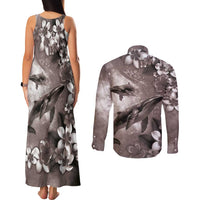 Hawaiian Lei Day Plumeria Humpback Whales Couples Matching Tank Maxi Dress and Long Sleeve Button Shirt Polynesian Art Vibrant Starry Nebula Grayscale Style LT03 - Polynesian Pride