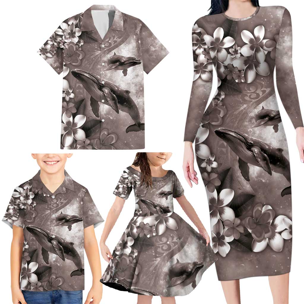 Hawaiian Lei Day Plumeria Humpback Whales Family Matching Long Sleeve Bodycon Dress and Hawaiian Shirt Polynesian Art Vibrant Starry Nebula Grayscale Style LT03 - Polynesian Pride