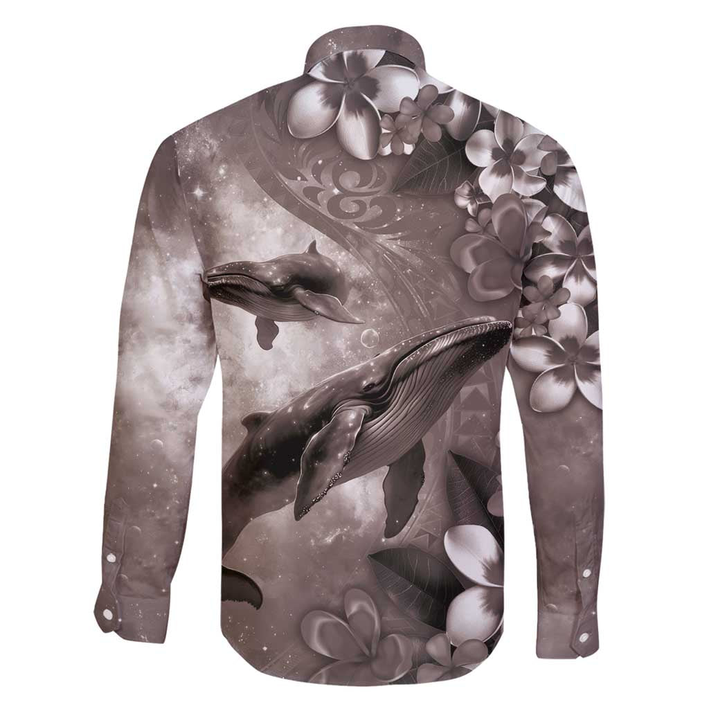 Hawaiian Lei Day Plumeria Humpback Whales Family Matching Long Sleeve Bodycon Dress and Hawaiian Shirt Polynesian Art Vibrant Starry Nebula Grayscale Style LT03 - Polynesian Pride