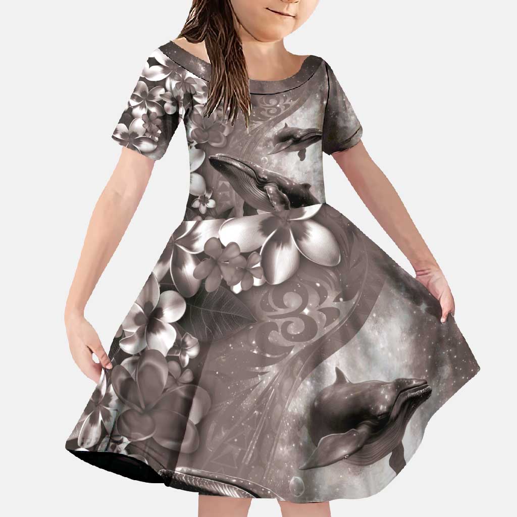 Hawaiian Lei Day Plumeria Humpback Whales Family Matching Mermaid Dress and Hawaiian Shirt Polynesian Art Vibrant Starry Nebula Grayscale Style LT03 Daughter's Dress Art - Polynesian Pride